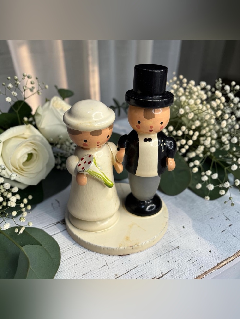 Vintage Miniature Wooden Bridal Couple Bride Groom Hand Painted Figurine Tuxedo